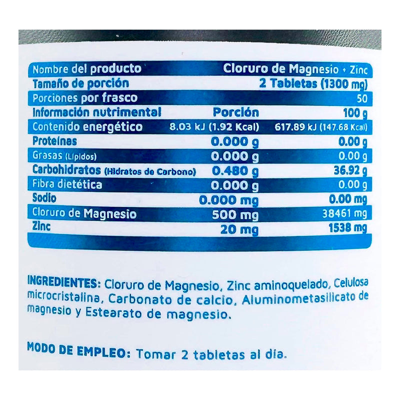 Cloruro de Magnesio + Zinc. 500mg. 100 cápsulas